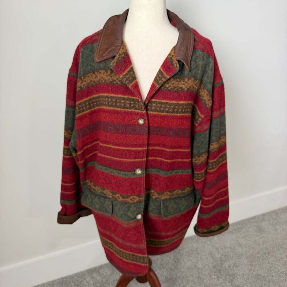 Eddie Bauer Wool Aztec Jacket Size XL Red Leather Trim Southwestern